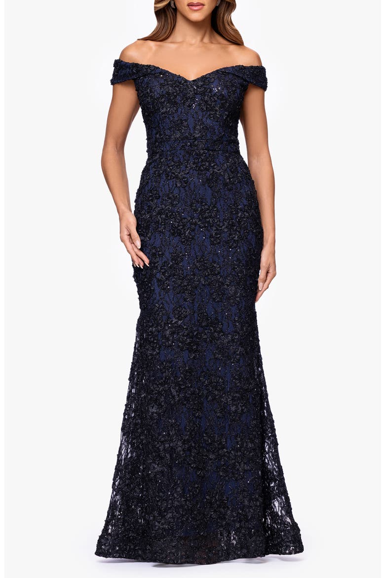 Sequin & Lace Off the Shoulder Gown, Main, color, BLACK/ NAVY
