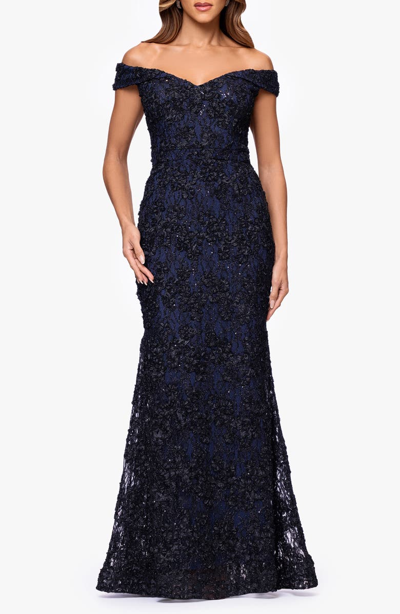 Xscape Evenings Sequin & Lace Off the Shoulder Gown, Main, color, Black/ Navy