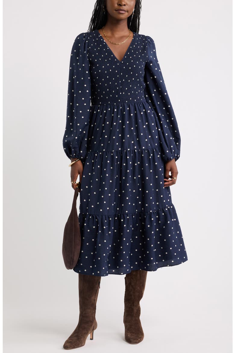 Smocked Long Sleeve Midi Dress, Alternate, color, NAVY IVORY TOSS DOT