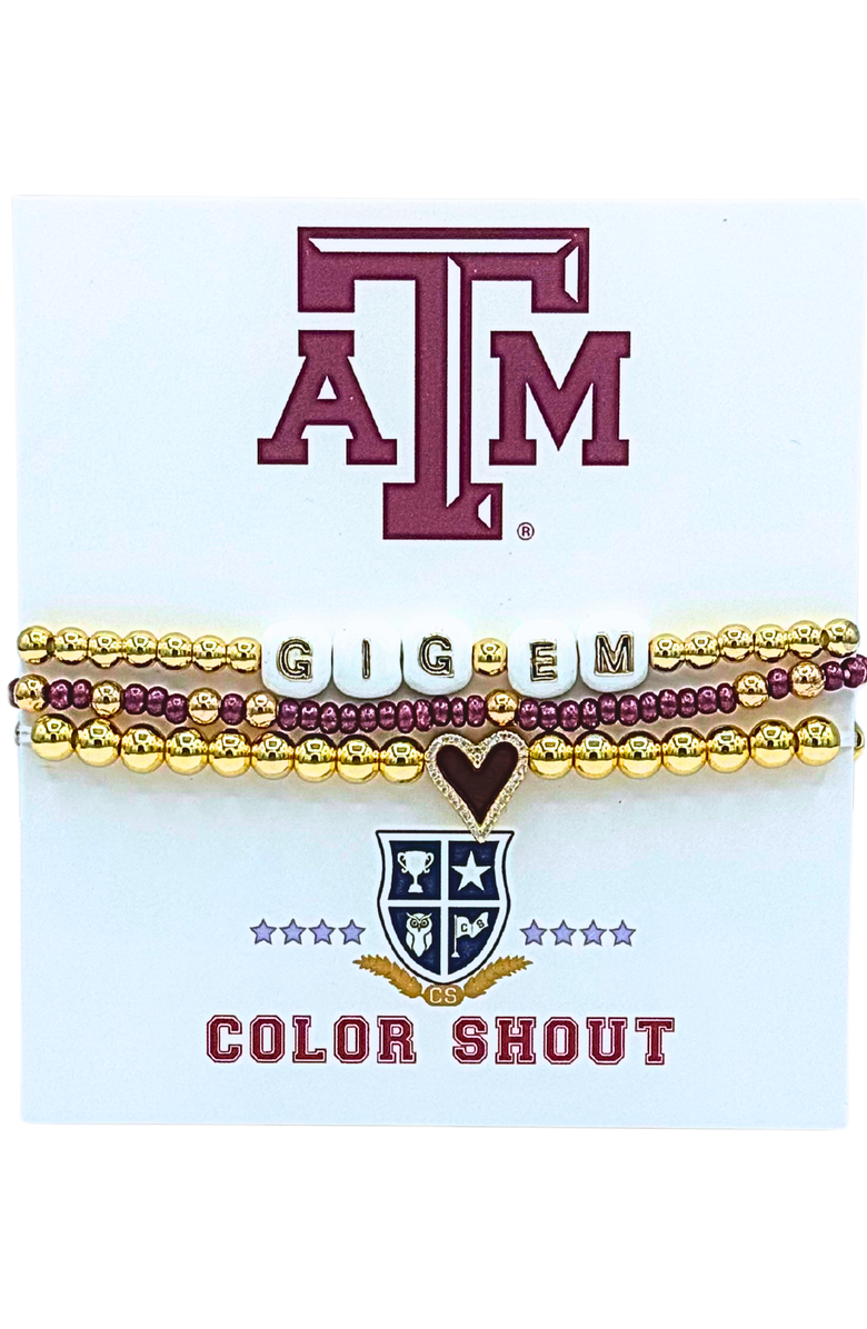 Color Shout Texas A&M Love My College Bracelet Stack, Main, color, Yellow Gold