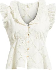 Treasure & Bond Open Cutwork Ruffle Trim Button-Up Top