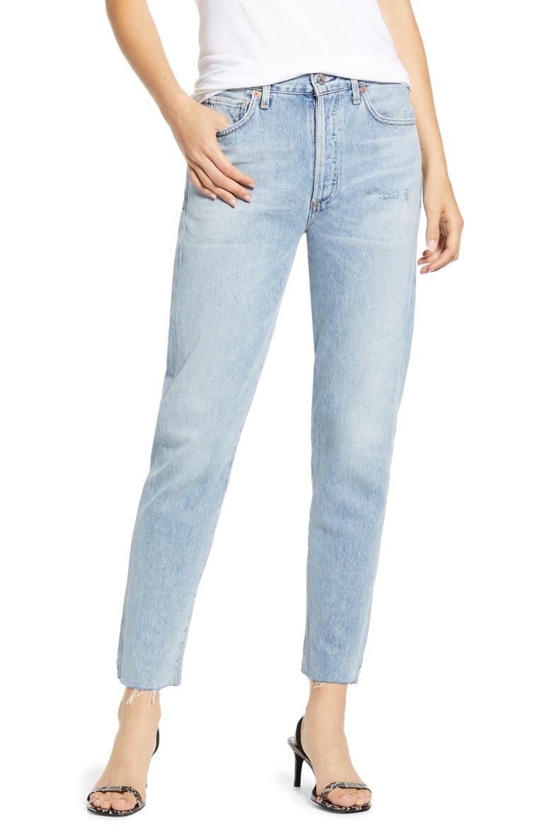 Liya High Waist Raw Hem Slim Jeans, Main, color, COASTAL