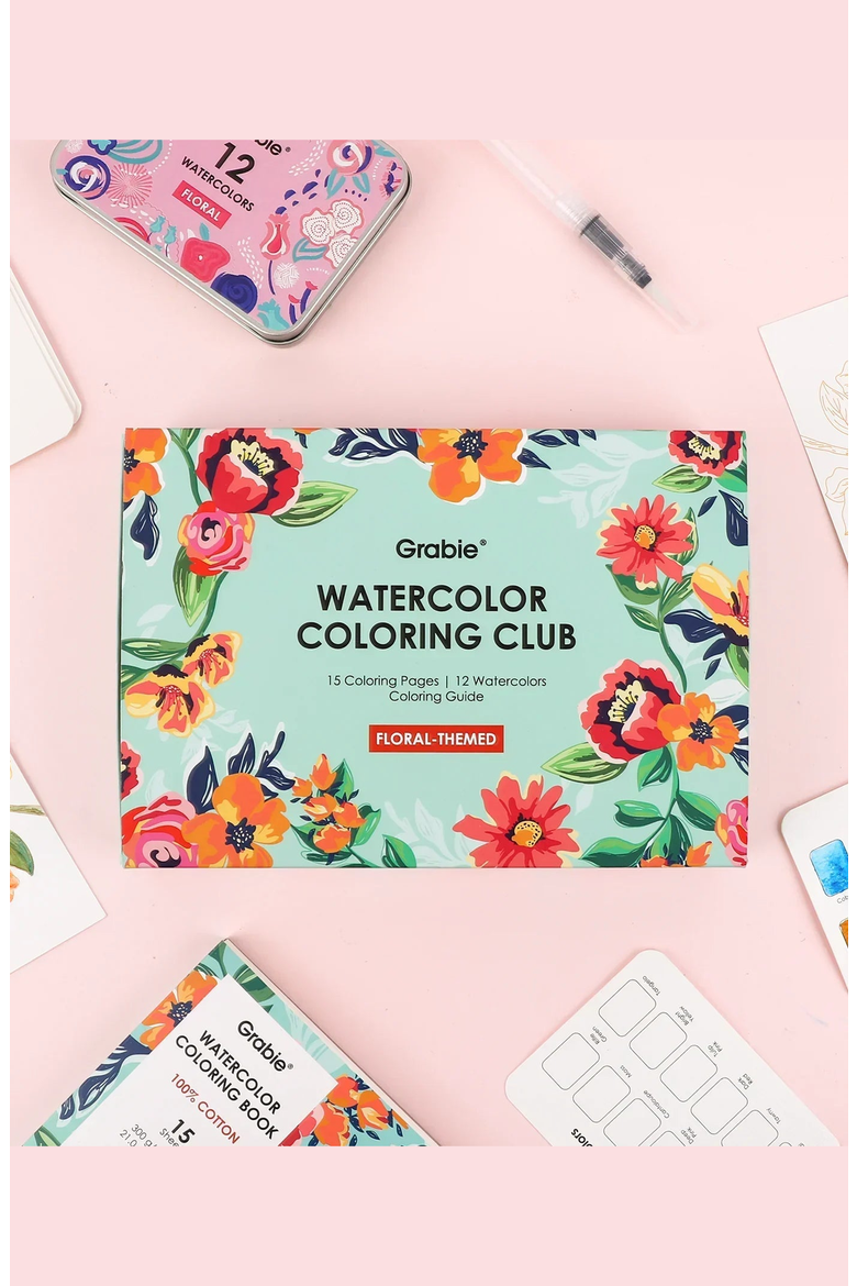 Floral Themed Watercolor Coloring Club Box, Alternate, color, Aqua Floral