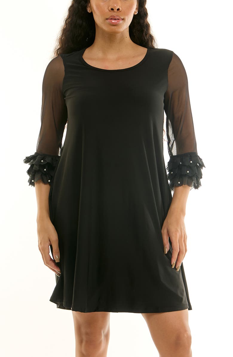 Nina Leonard Mesh Sleeve Trapeze Dress, Alternate, color, Black