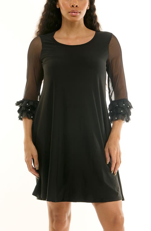 Nina Leonard Mesh Sleeve Trapeze Dress In Black