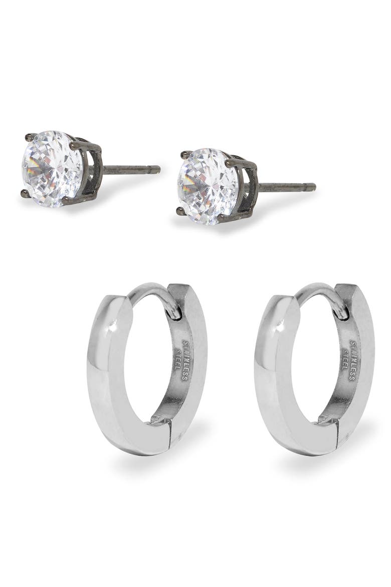 Men's Hoops & Cubic Zirconia Stud Earrings Set, Alternate, color, SILVER