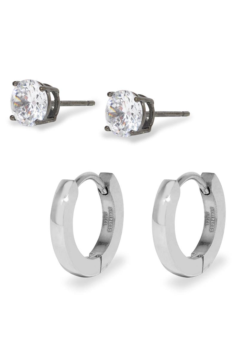 Brook and York Men's Hoops & Cubic Zirconia Stud Earrings Set, Alternate, color, Silver