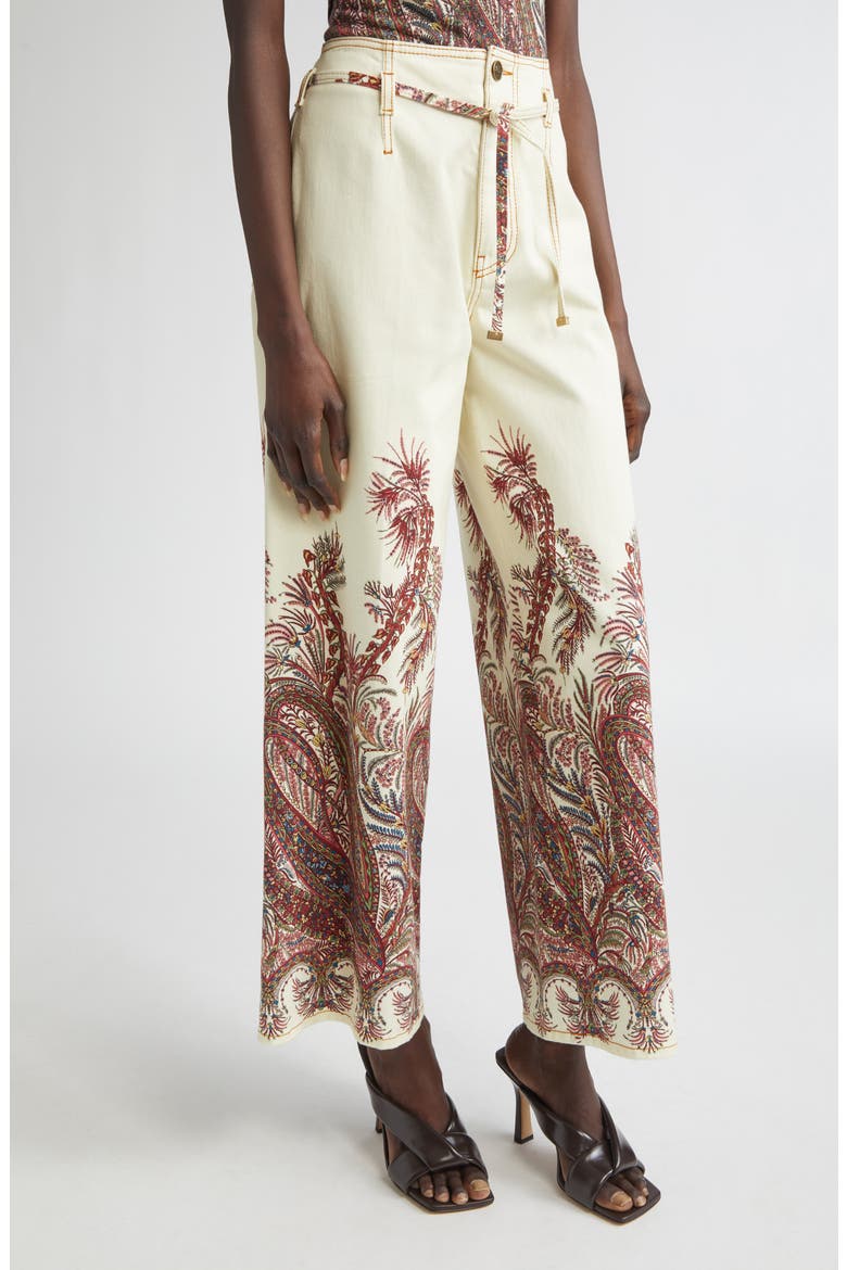 Paisley Floral Belted Wide Leg Jeans, Main, color, PRINT ON WHITE BASE