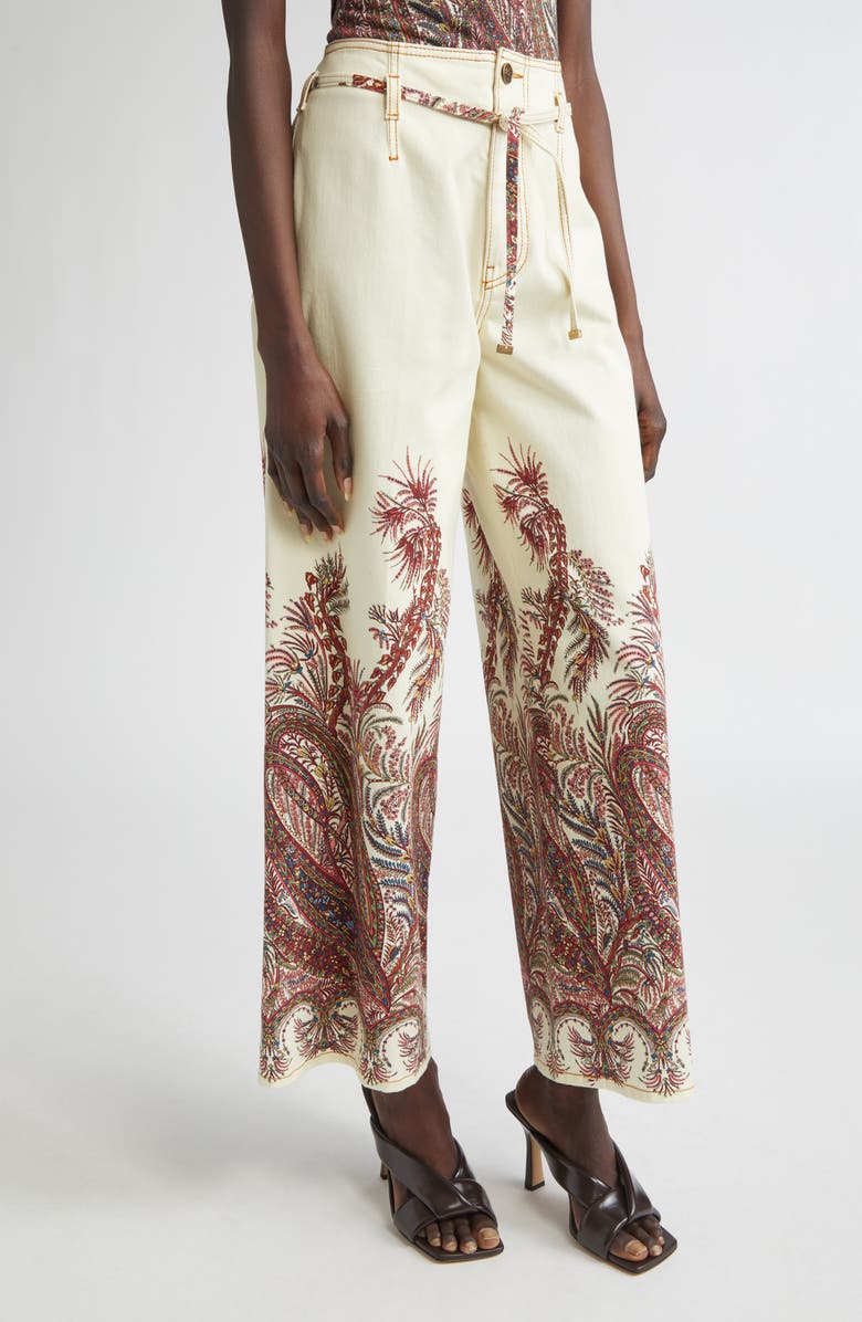 Etro Paisley Floral Belted Wide Leg Jeans, Main, color, Print On White Base
