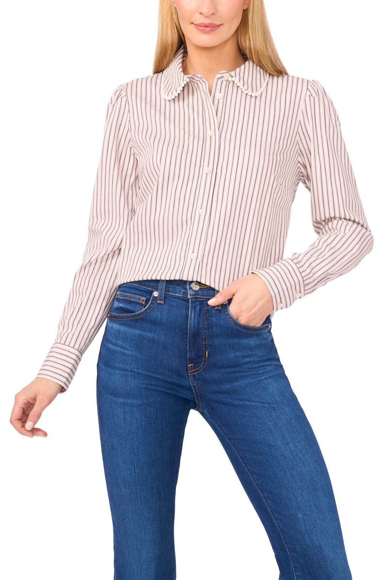 CeCe Faux Pearl Detail Stripe Cotton Button-Up Shirt, Main, color, Safari