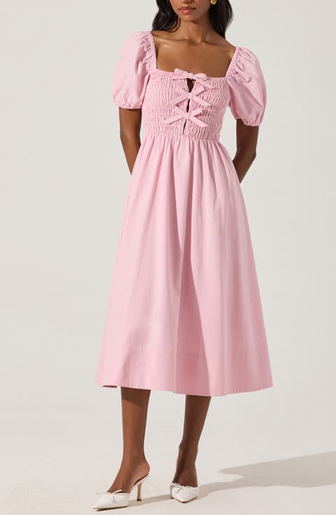 Bow Detail Smock Bodice Cotton Blend Dress