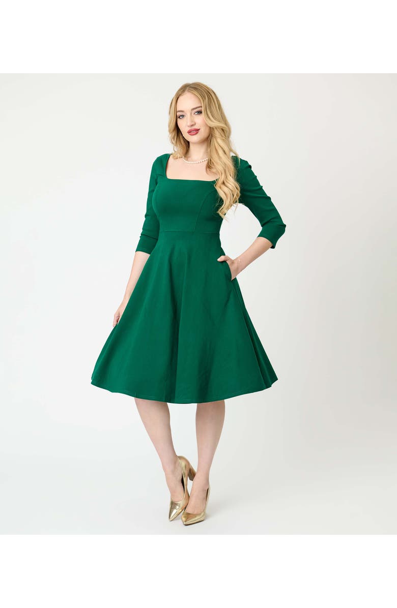 Unique Vintage Square Neck Pleated Swing Dress, Alternate, color, Green Solid