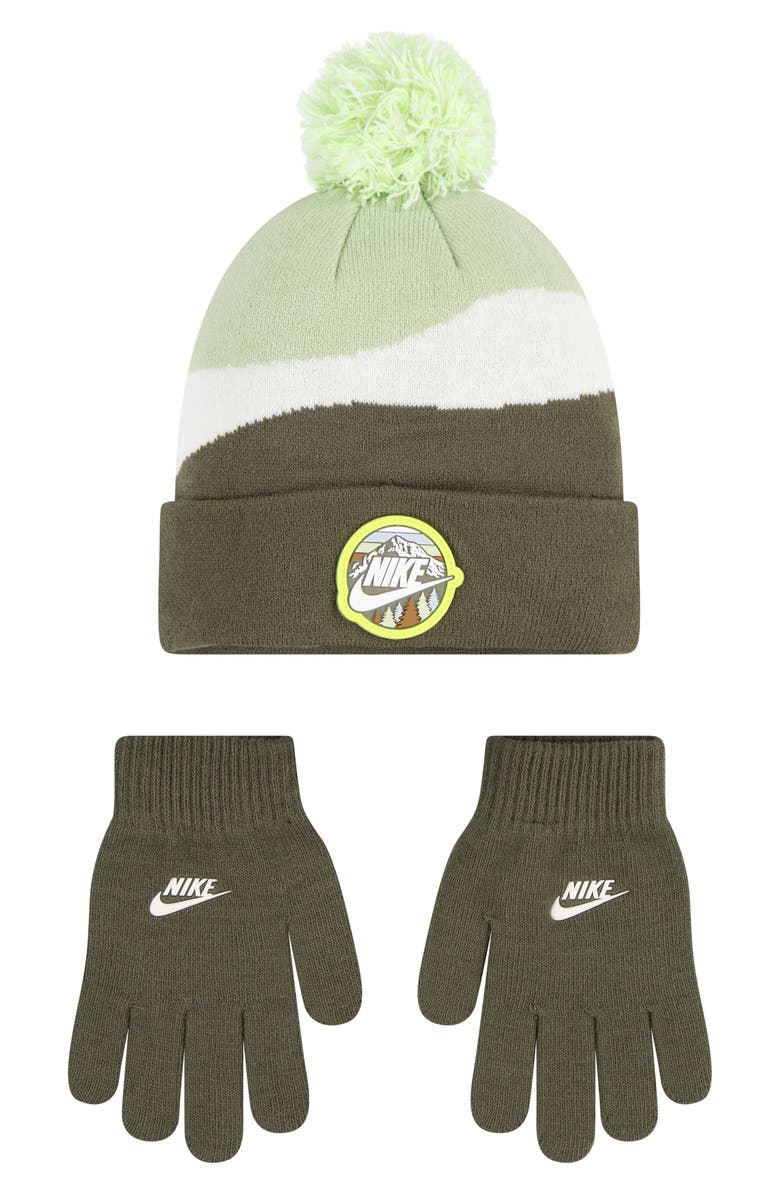 Nike Kids' Snowy Day Pom Beanie & Gloves Set, Main, color, Medium Olive