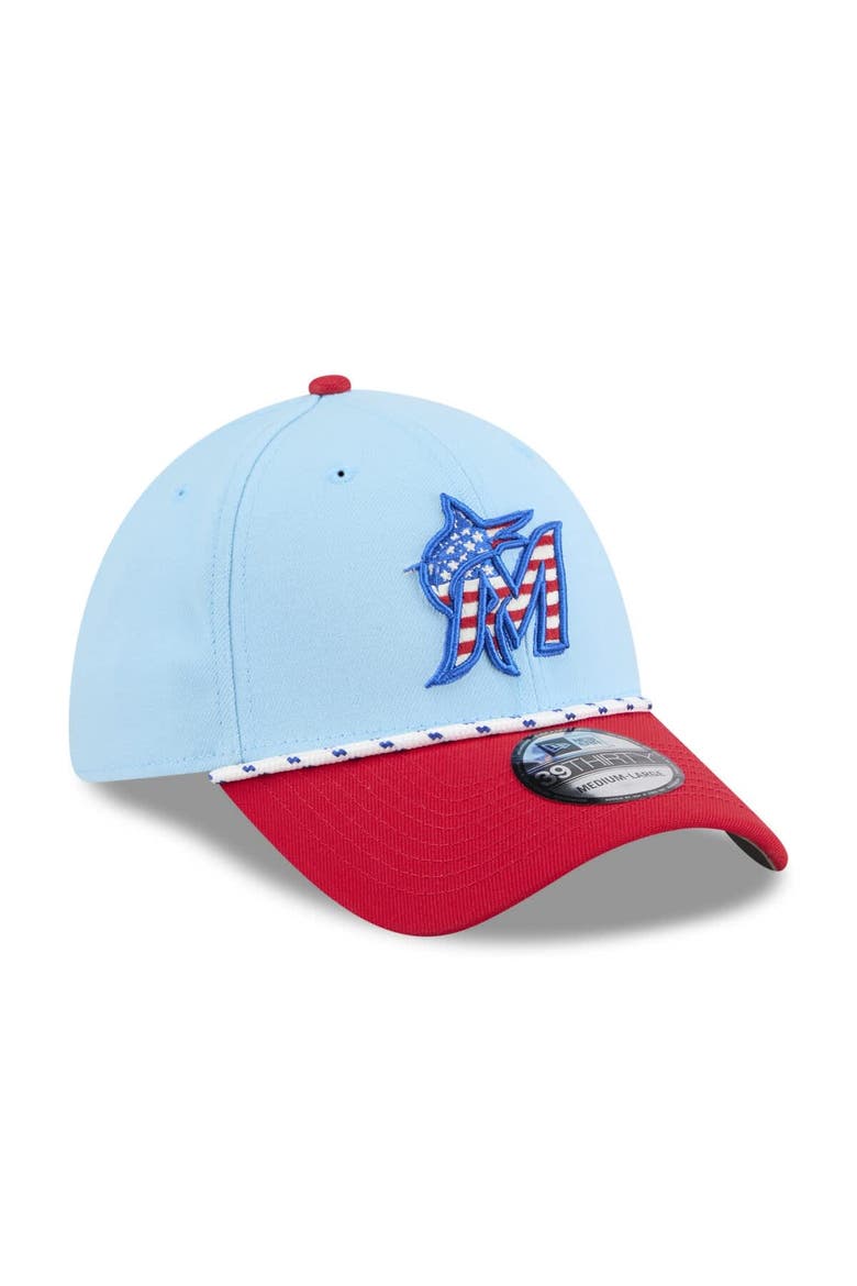 Men's New Era Light Blue/Red Miami Marlins 2025 Fourth of July 39THIRTY Flex Hat, Alternate, color, Light Blue
