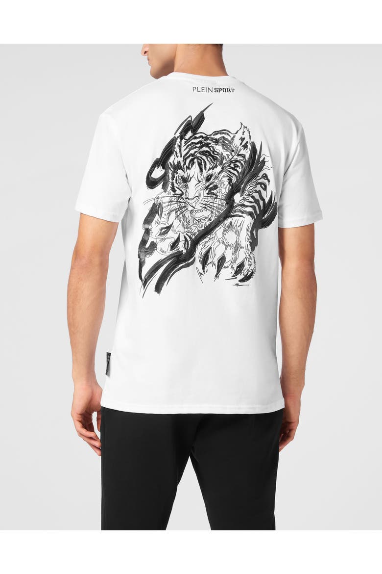 Cotton T-Shirt Round Neck Ss Tiger Men, Alternate, color, white/black