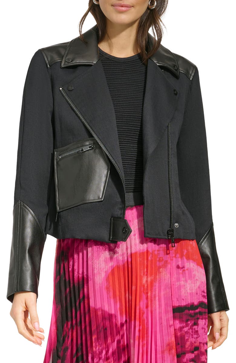 DKNY Mixed Media Moto Jacket, Alternate, color,