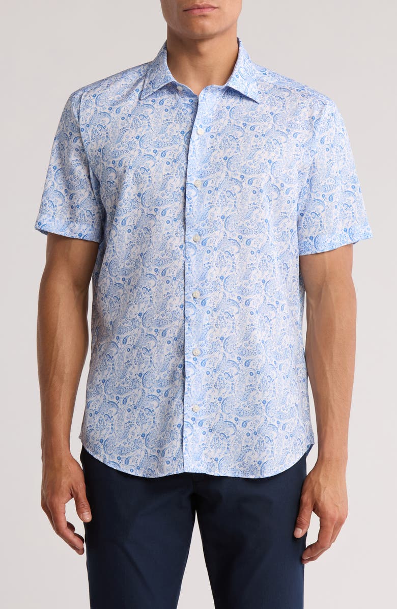 David Donahue Paisley Short Sleeve Sport Shirt, Main, color, White/ Blue