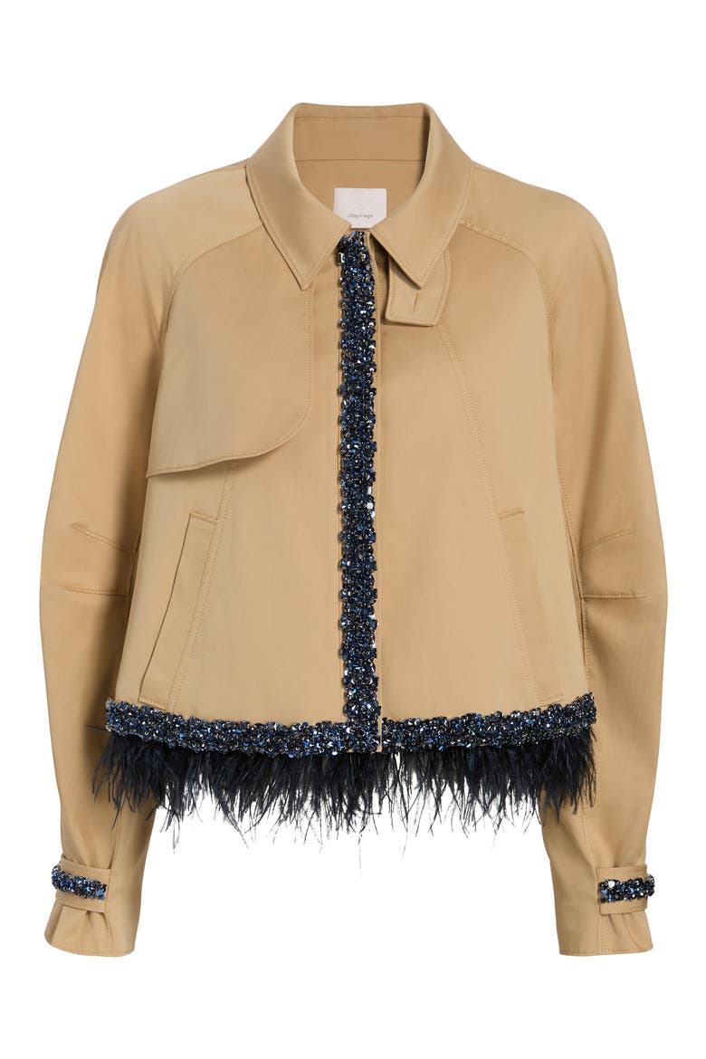 Carmila Sequin & Feather Detail Crop Trench Coat, Alternate, color, KHAKI/ NAVY