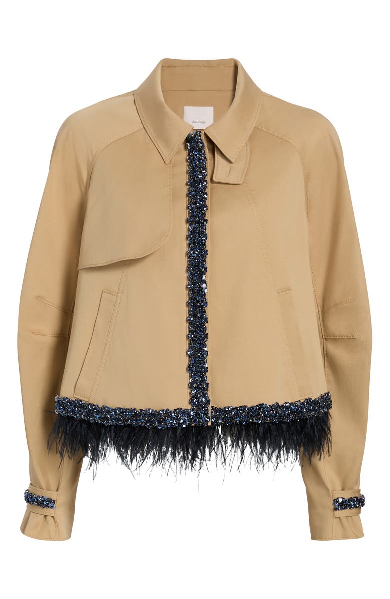Cinq à Sept Carmila Sequin & Feather Detail Crop Trench Coat, Alternate, color, Khaki/ Navy