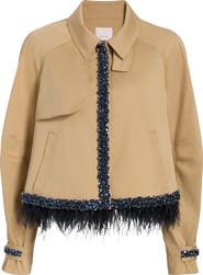 Cinq à Sept Carmila Sequin & Feather Detail Crop Trench Coat