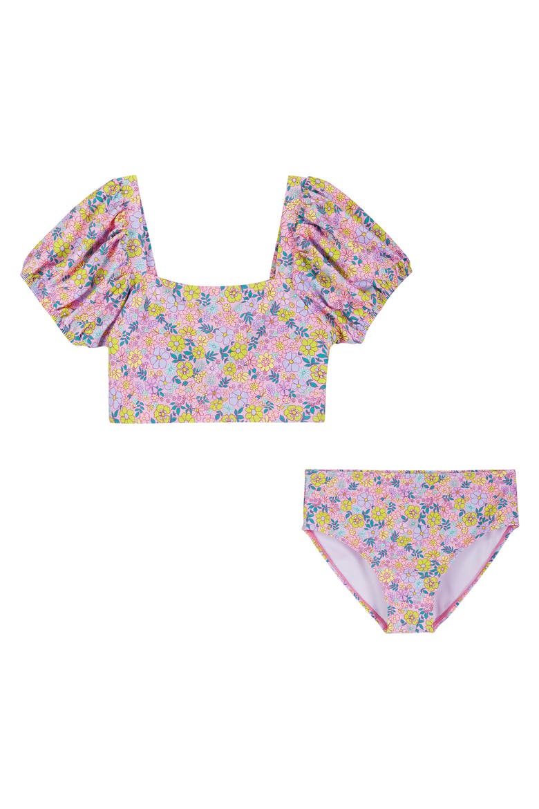 Kids' Floral Puff Sleeve Two-Piece Swimsuit, Main, color, PURPLE FLORAL