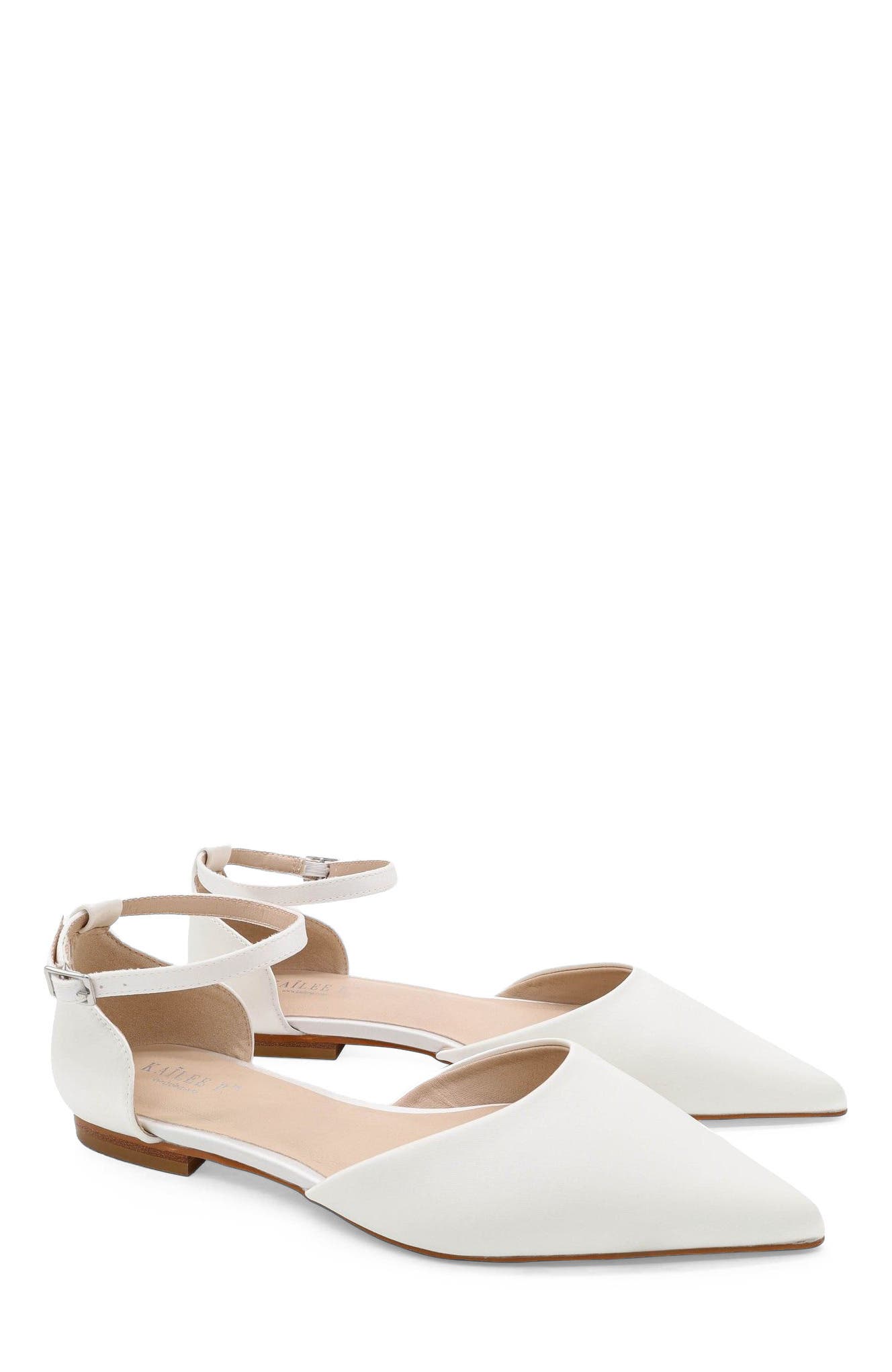 Kailee P Bella Satin Pointy Toe Flats with All Pearls Ankle Strap, Alternate, color, White