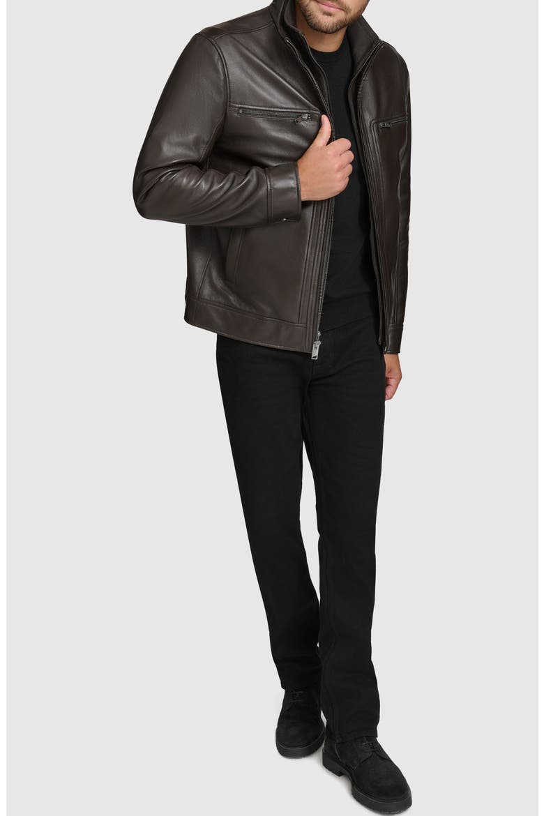 Leather Moto Jacket with Attached Bib, Alternate, color, DARK BROWN