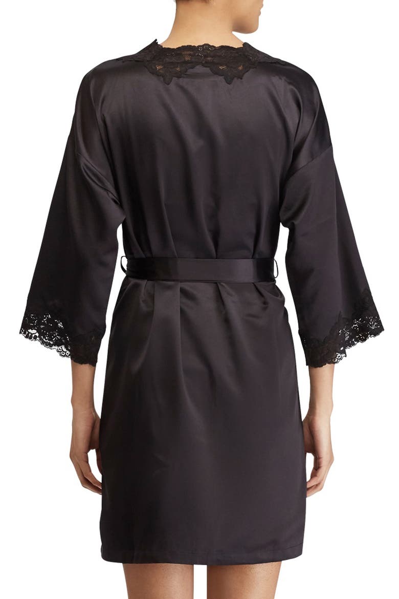 Lace Trim Satin Robe, Alternate, color, BLACK