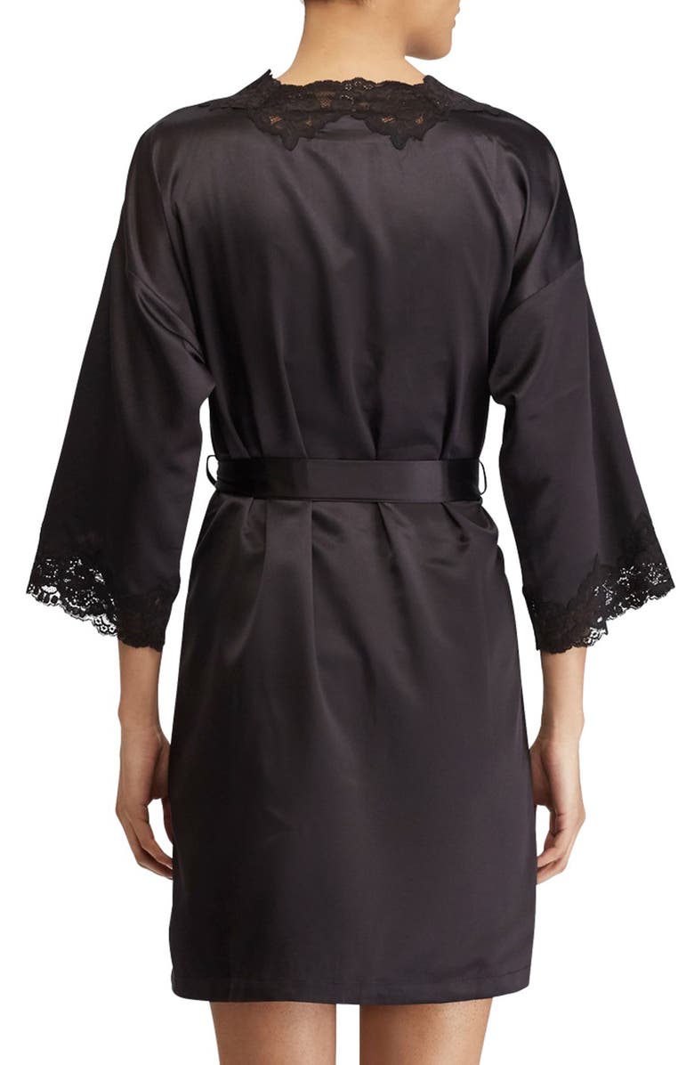 Lauren Ralph Lauren Lace Trim Satin Robe, Alternate, color, Black