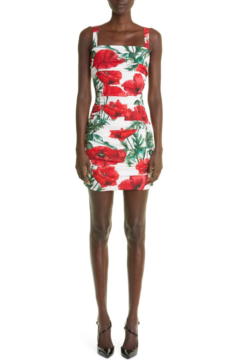 Dolce&Gabbana Poppy Print Ruched Stretch Silk Charmeuse Dress, Main, color, 