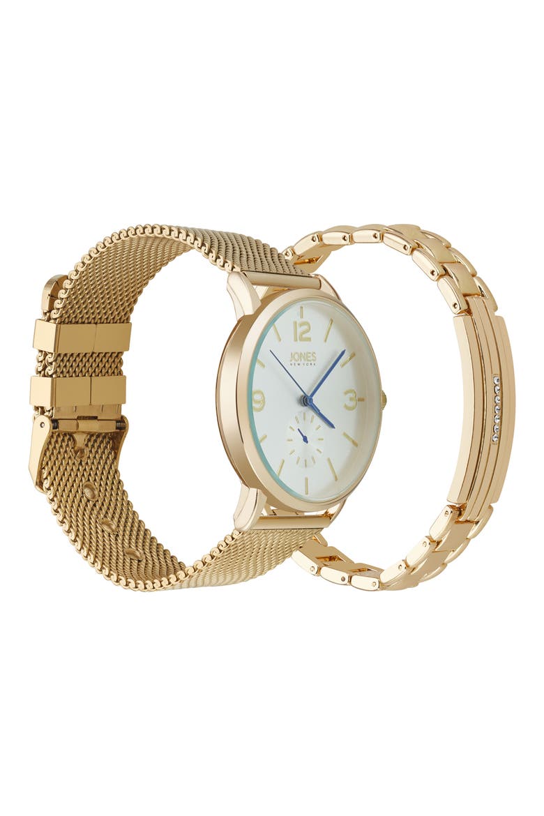 Three-Hand Quartz Mesh Strap Watch & ID Bracelet Set, Alternate, color, GOLD