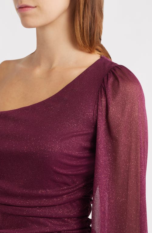 Jump Apparel One Shoulder Metallic Ruched Minidress In Burgundy
