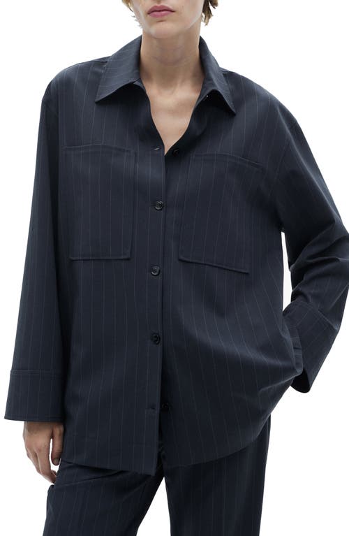 Mango Pinstripe Oversize Button-up Shirt In Dark Navy