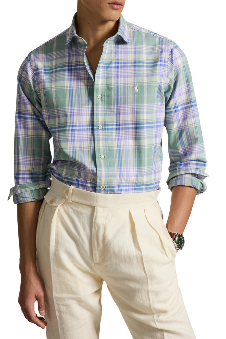 Classic Fit Plaid Cotton Button-Up Oxford Shirt, Main, color, FADED MINT LAVNDR MULTI