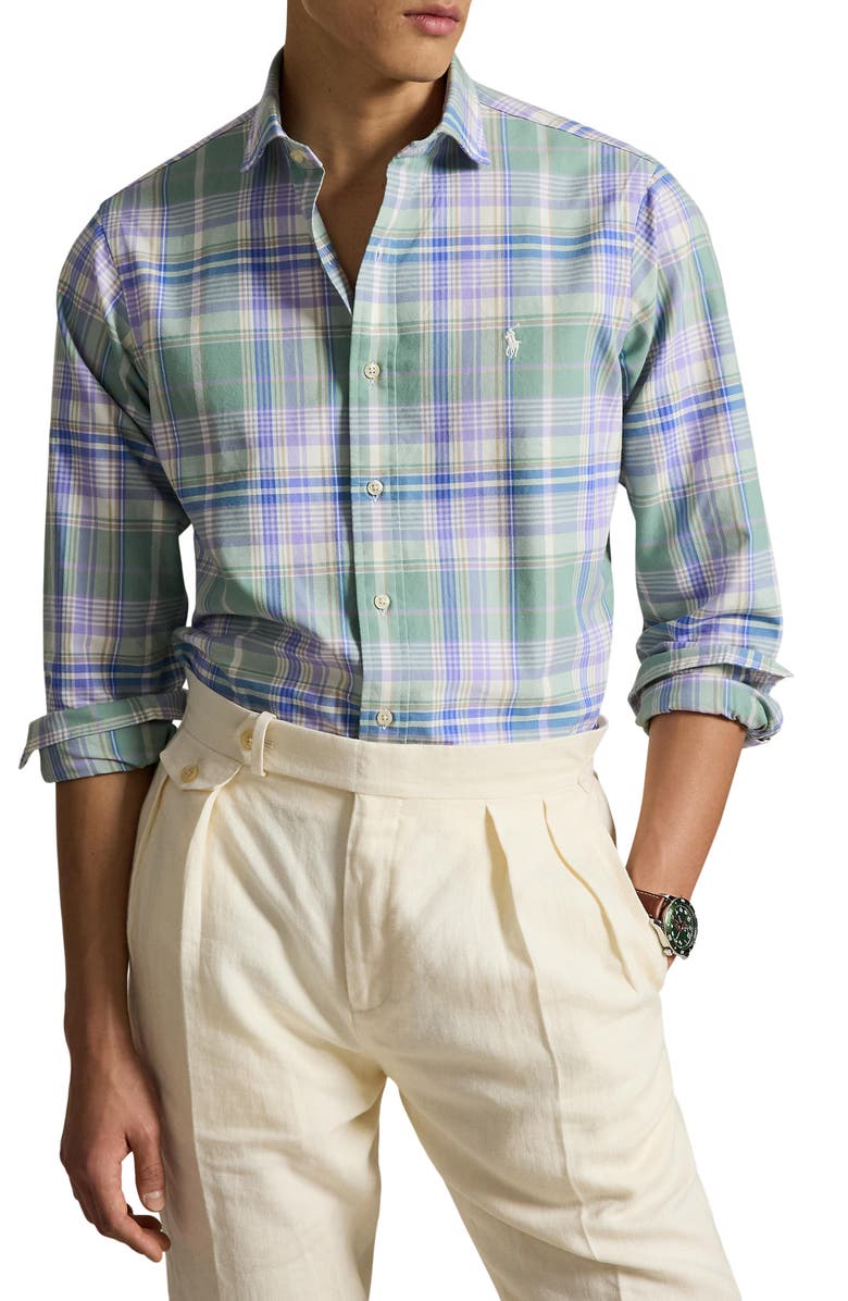 Polo Ralph Lauren Classic Fit Plaid Cotton Button-Up Oxford Shirt, Main, color, Faded Mint Lavndr Multi