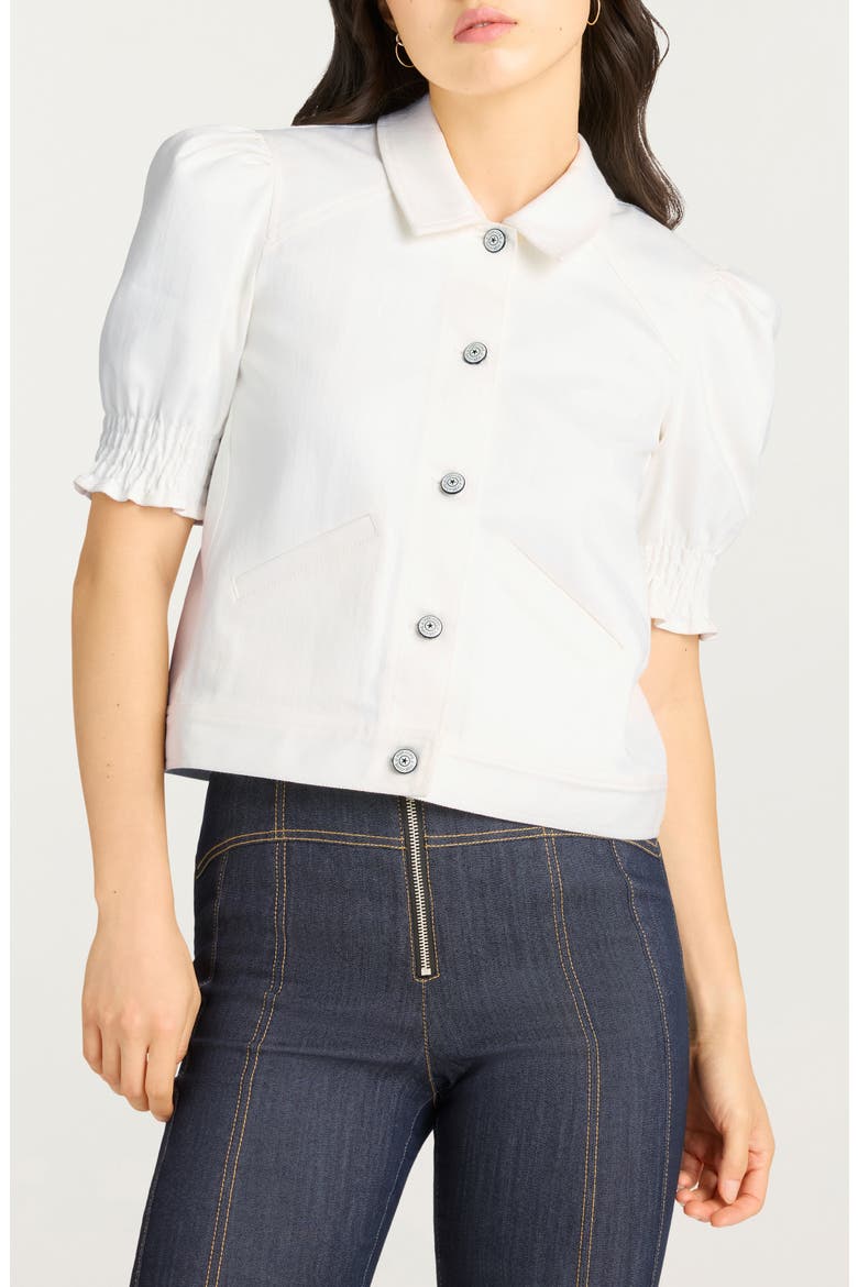 Roselyn Puff Sleeve Stretch Denim Jacket, Main, color, WHITE
