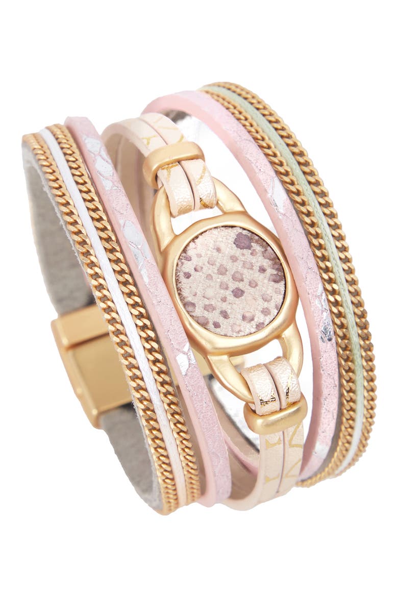 Leather Snake Skin Print Medallion Bracelet, Main, color, GOLD