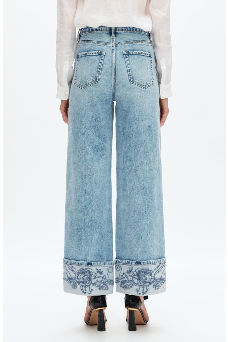 Flora Embroidered High Waist Cuffed Wide Leg Jeans, Alternate, color, LIGHT BLUE