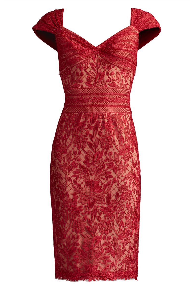 Lace Cap Sleeve Cocktail Dress, Alternate, color, CHERRY/ MEDIUM-BEIGE