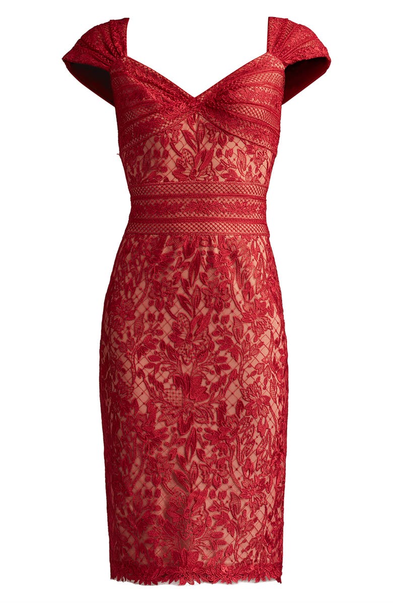 Tadashi Shoji Lace Cap Sleeve Cocktail Dress, Alternate, color, Cherry/ Medium-Beige