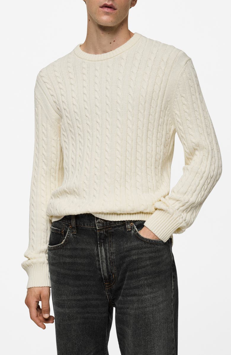 MANGO Cable Stitch Cotton Blend Sweater, Main, color, Off White