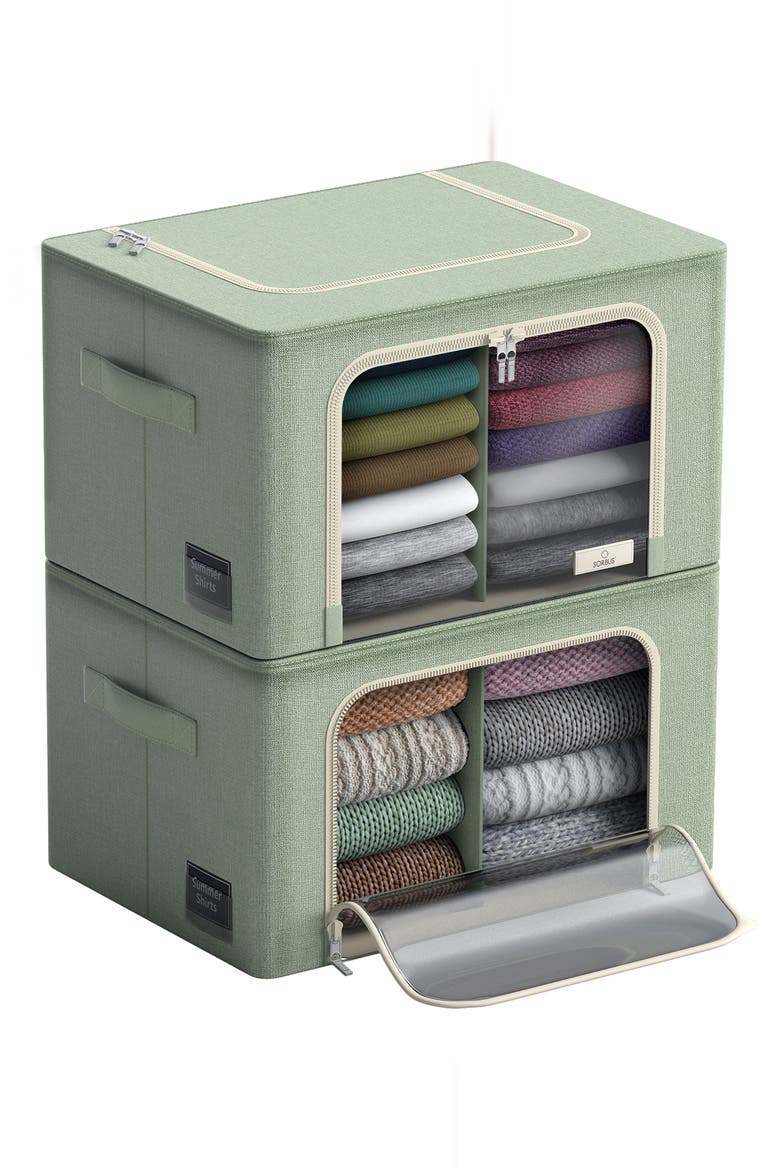 Set of 2 Stackable Foldable Organizer Bins, Main, color, TEAL