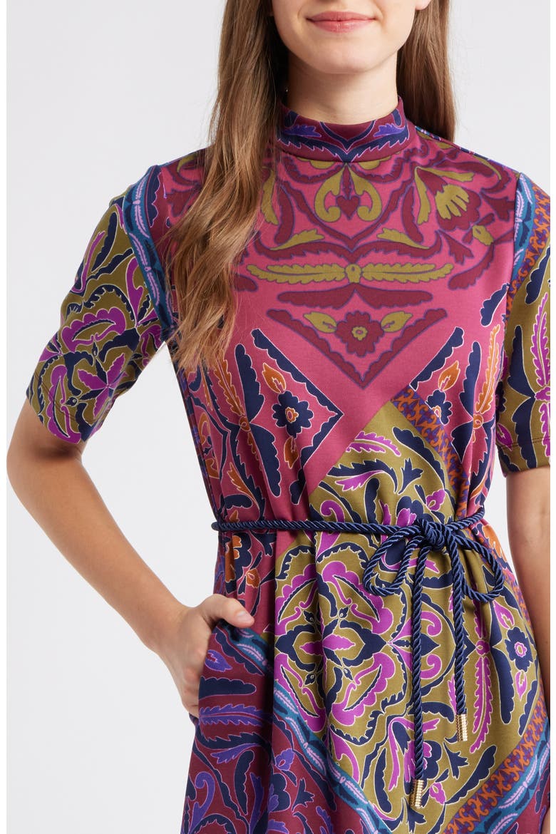 Print Tie Belt Midi Dress, Alternate, color, DISTANT MOUNTAIN MULTI