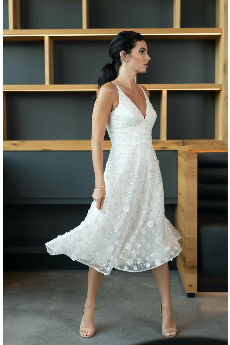 Elisa Floral Appliqué Sequin Fit & Flare Dress, Alternate, color, IVORY