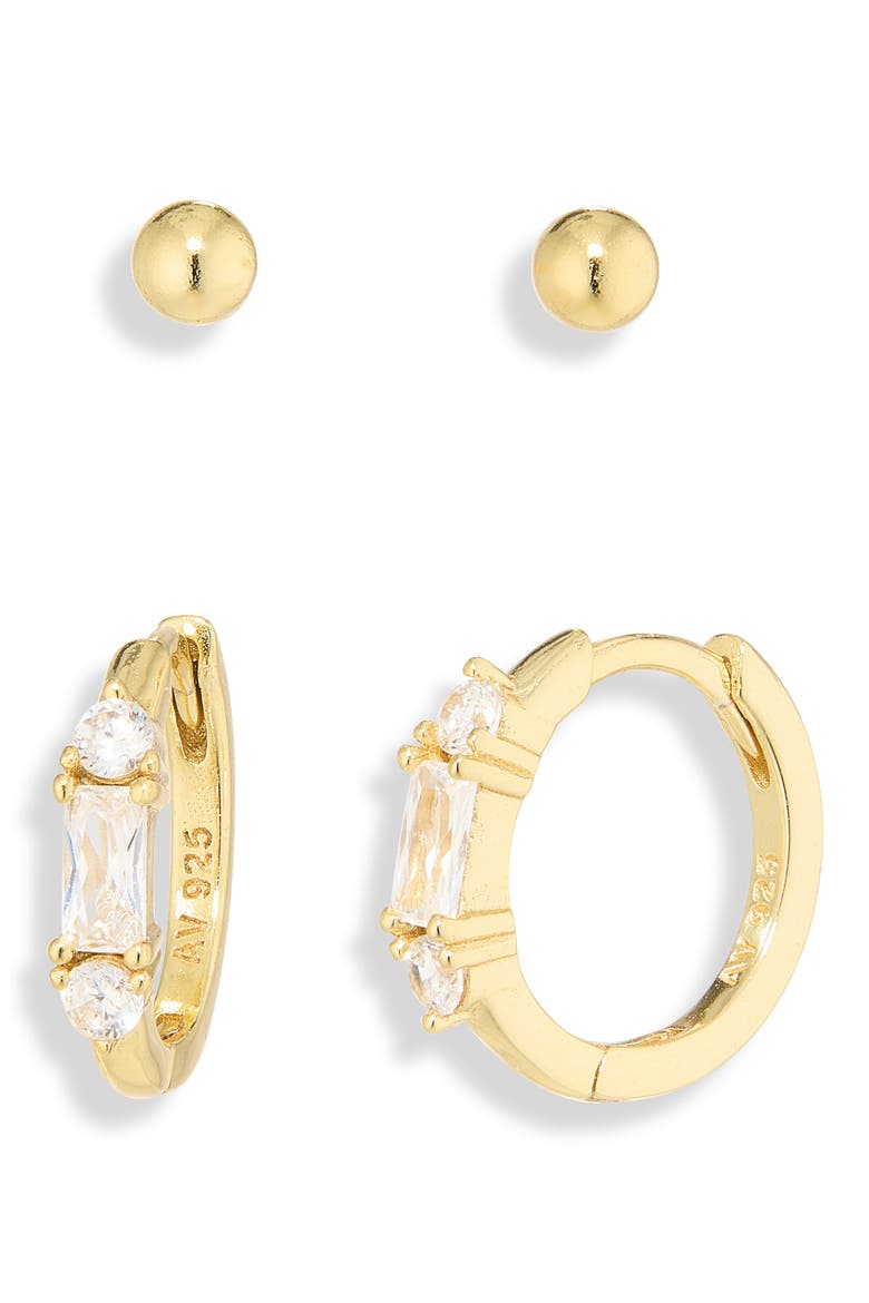 Ball Stud & Huggie Hoop Earrings Set, Main, color, GOLD