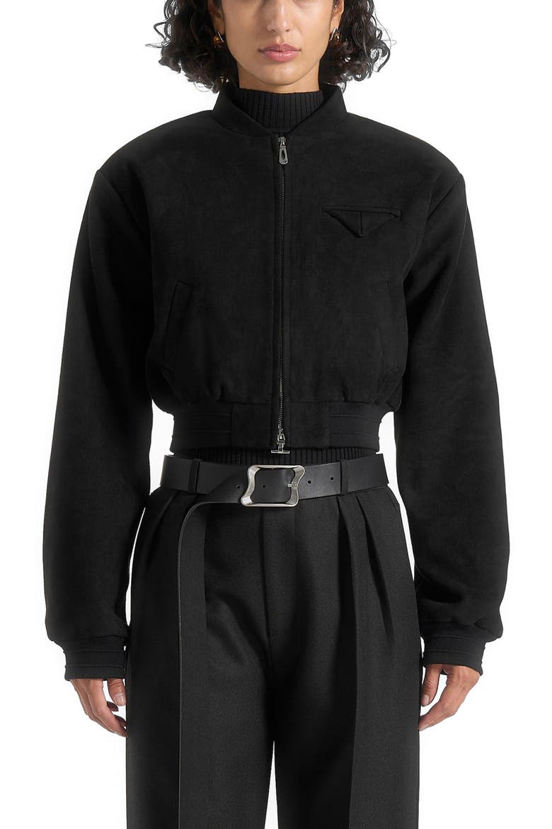 Monique Suede Wide Shoulder Bomber Jacket, Alternate, color, Black