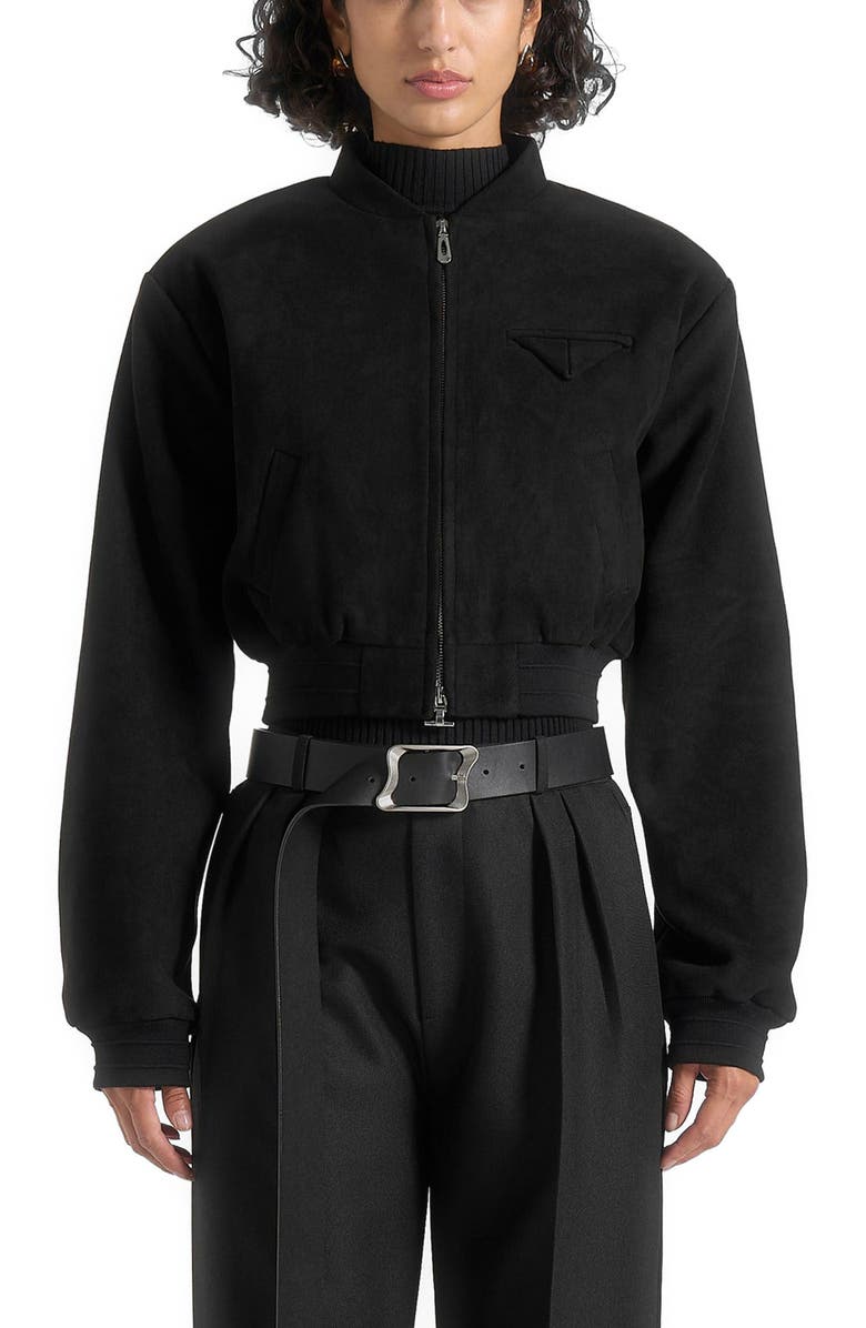 Manière De Voir Monique Suede Wide Shoulder Bomber Jacket, Alternate, color, Black