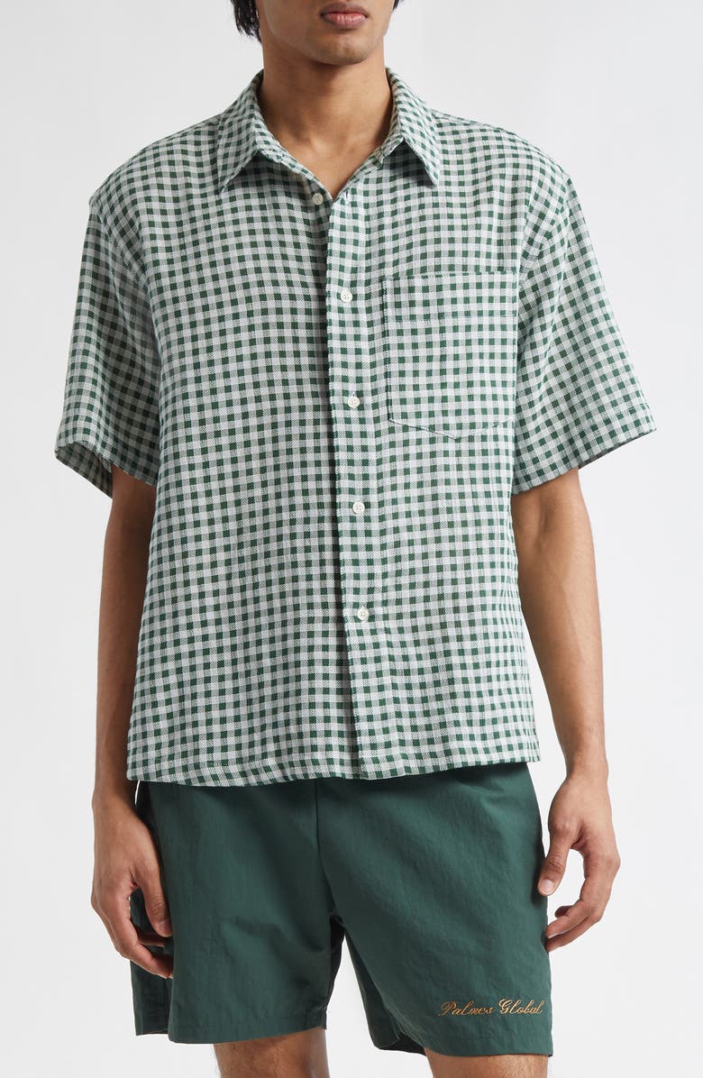 PALMES Checkered Short Sleeve Cotton Button-Up Shirt, Main, color, White/ Green
