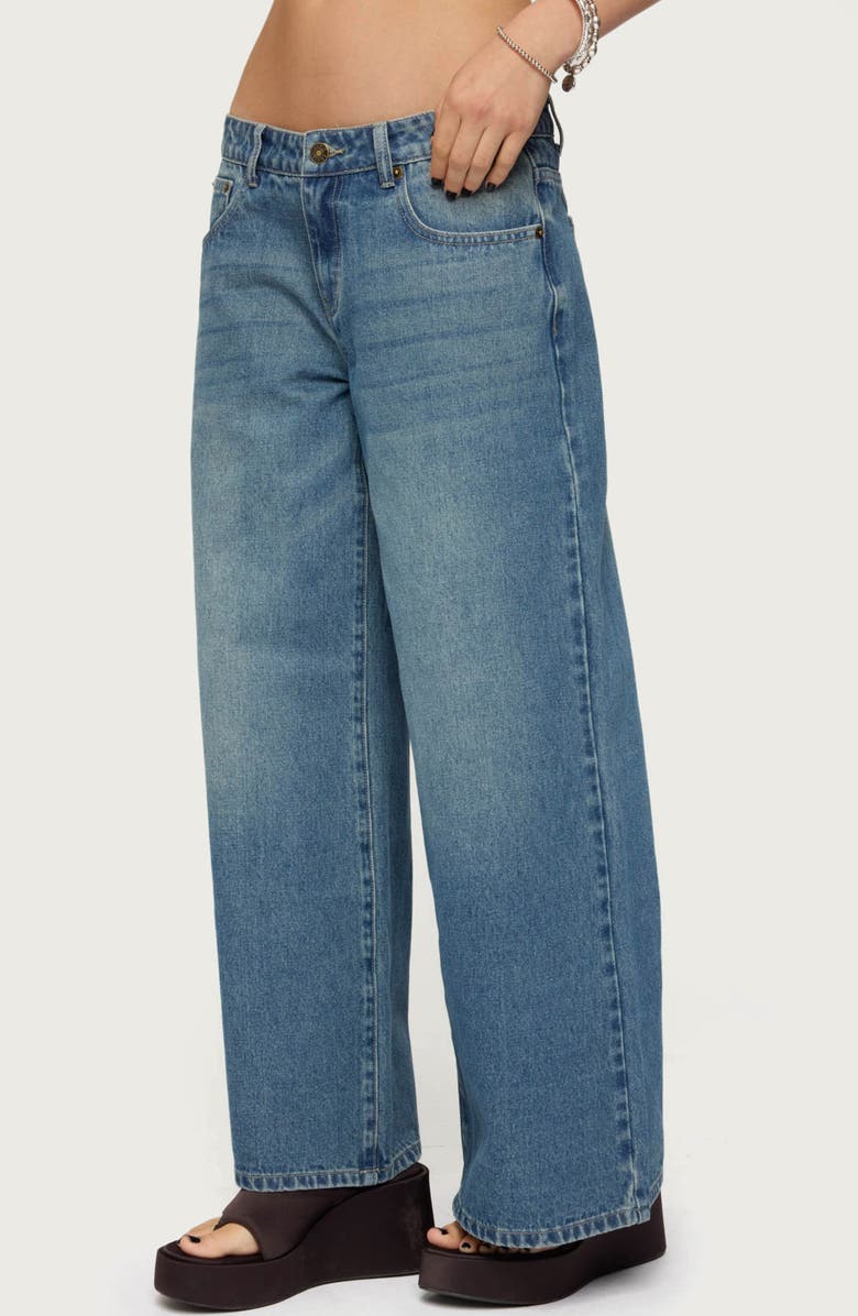 EDIKTED Vyxen Bow Print Low Rise Wide Leg Jeans, Alternate, color, Blue-Vintage-Washed