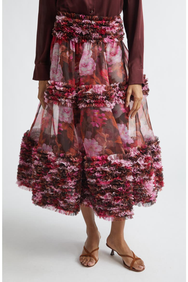 Kindred Spirit Luna Ruffle Silk Organza Midi Skirt, Main, color, CHOCOLATE ROSE